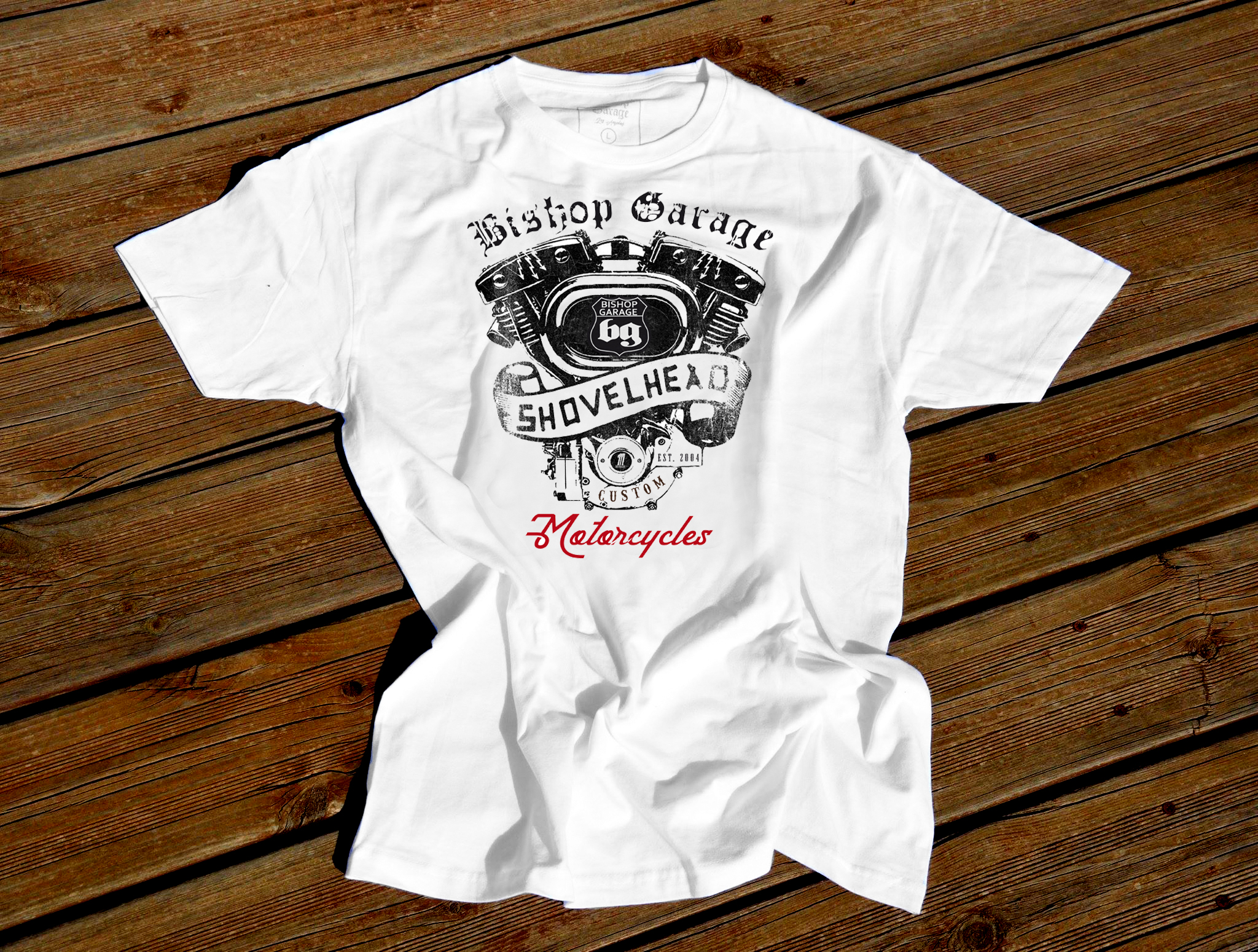 White Shovelhead T-Shirt - Bishop Garage T-Shirts,Tank Tops ...