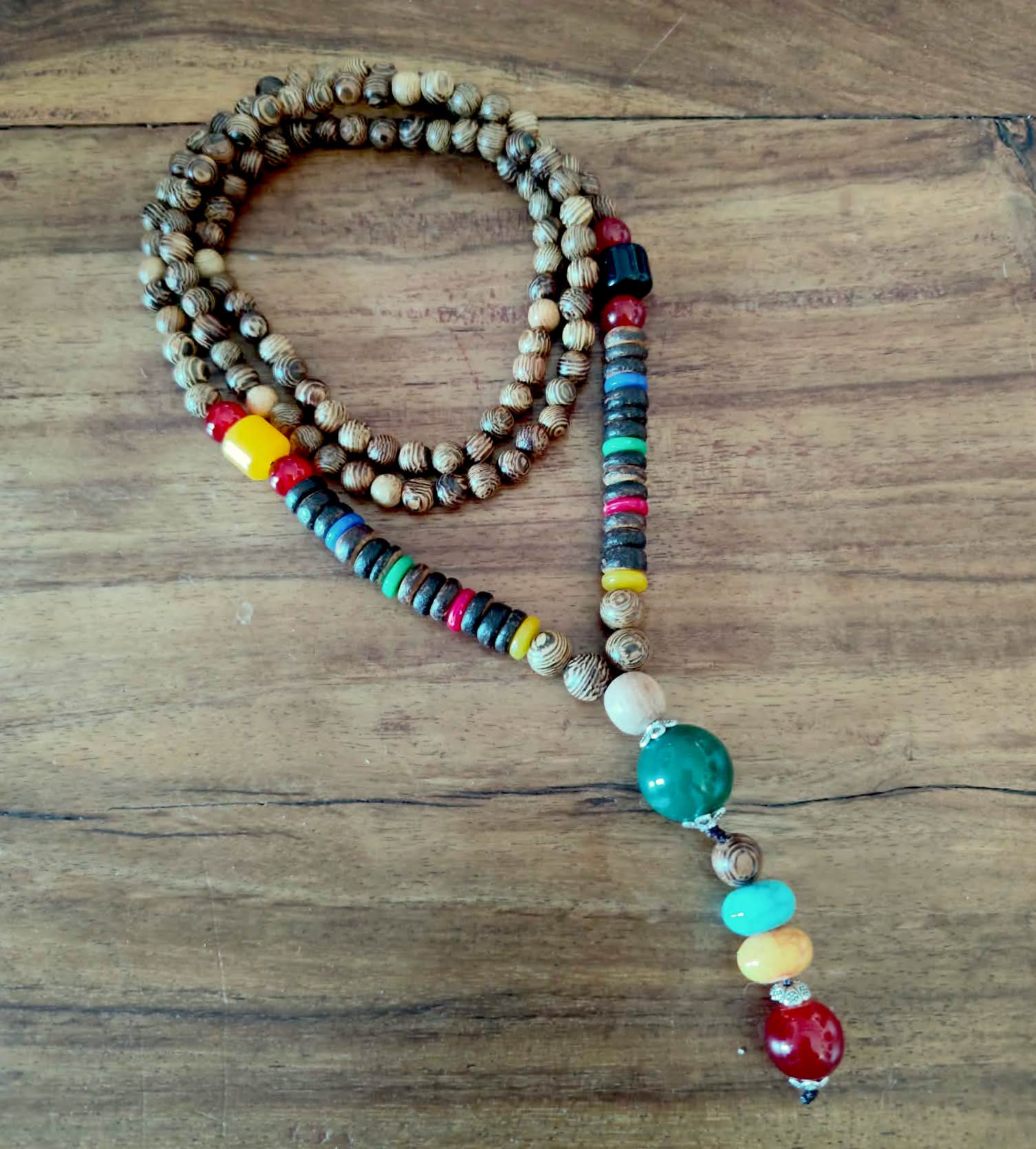 Handmade Carved Wood & Green Agate Necklace
