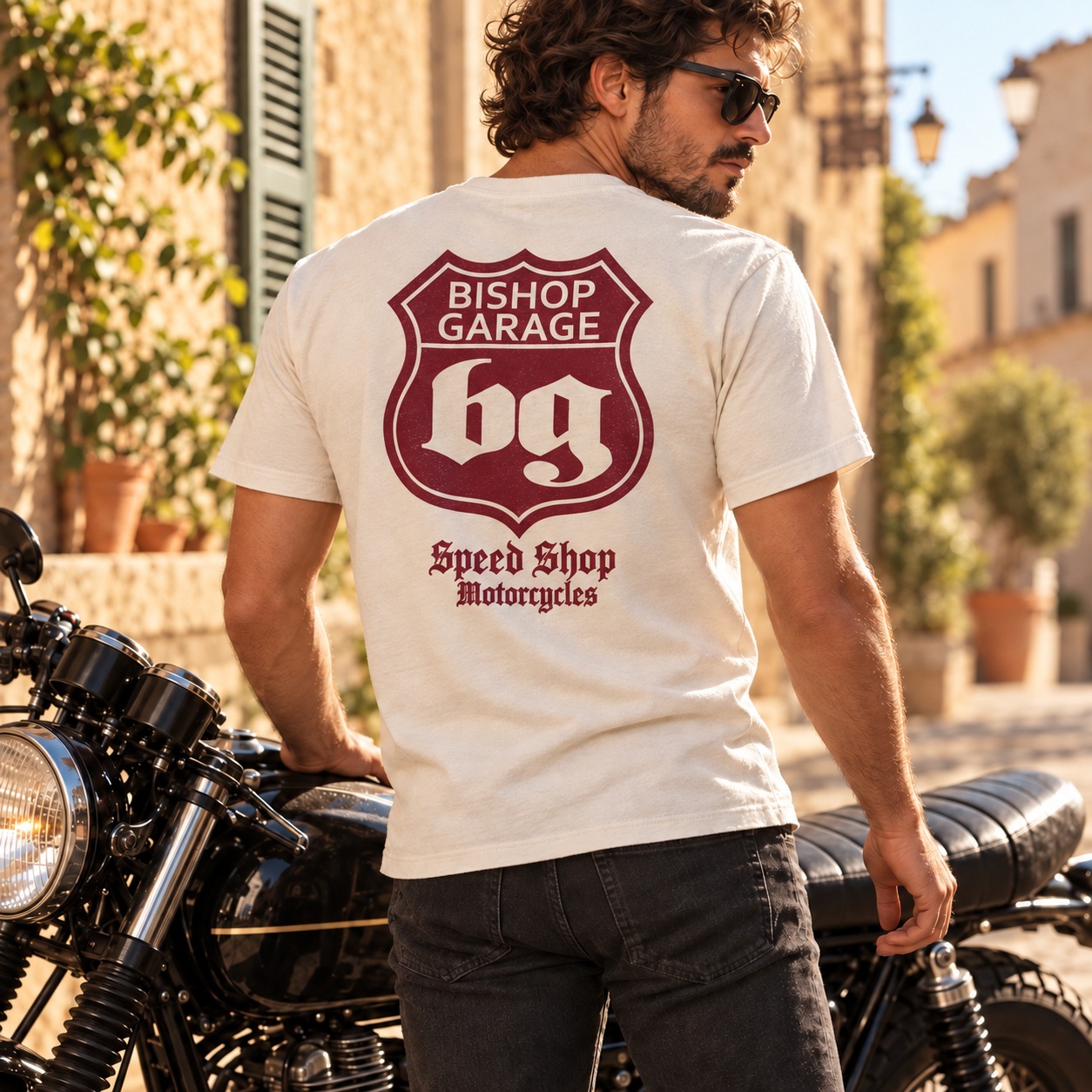 Bishop Garage Speed Shop Motorcycles white T-shirt lifestyle